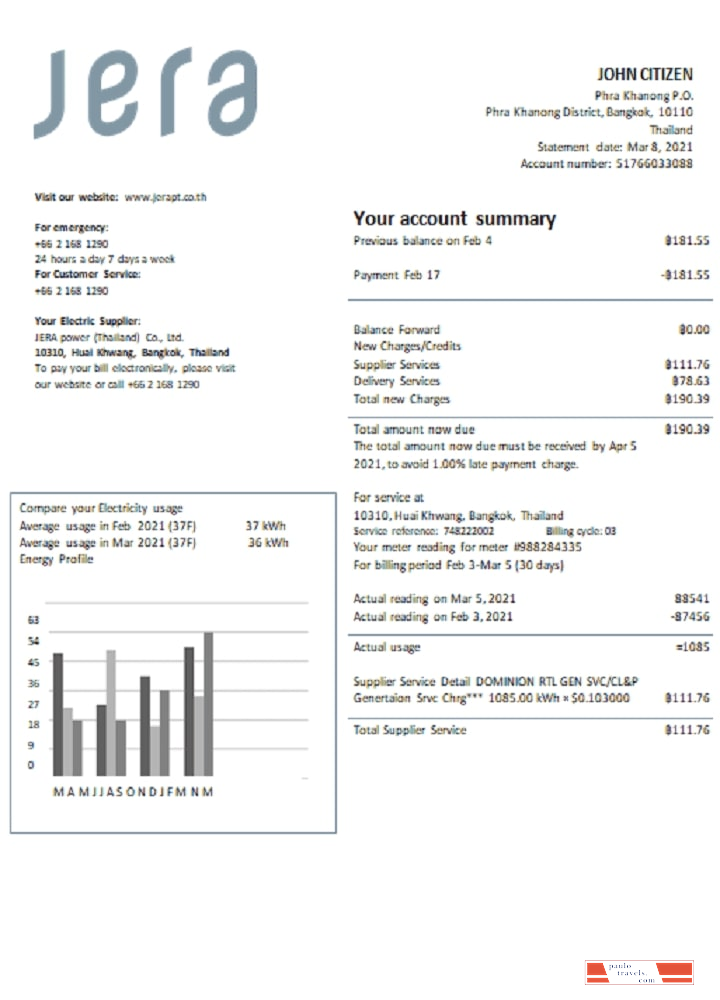 Thailand JERA power utility bill template in Word and PDF format